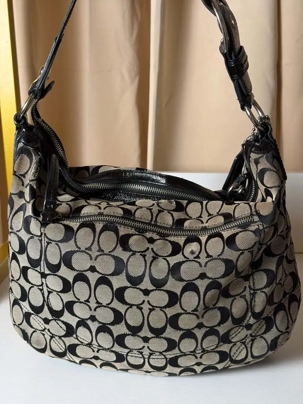 Coach Signature Canvas Hobo Bag with Black Leather Trim
